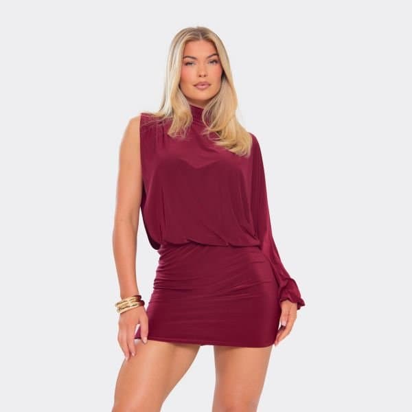 EGO High Neck One Sleeve Drape Detail Mini Dress In Burgundy, Women's Size UK 6