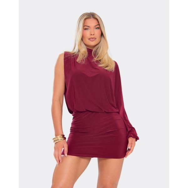EGO High Neck One Sleeve Drape Detail Mini Dress In Burgundy, Women's Size UK 6 - 2