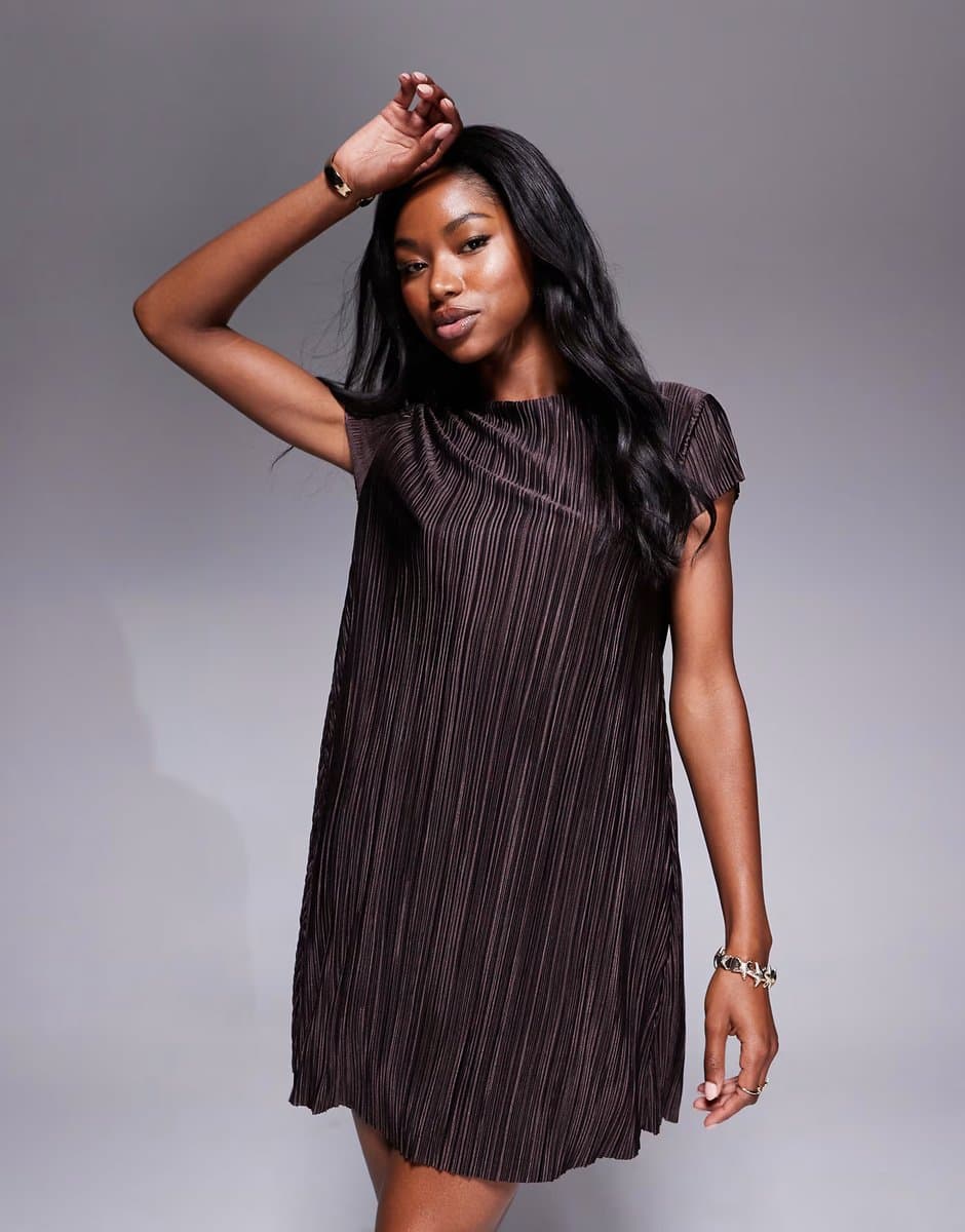 ASOS ASOS DESIGN plisse cap sleeve mini dress in chocolate