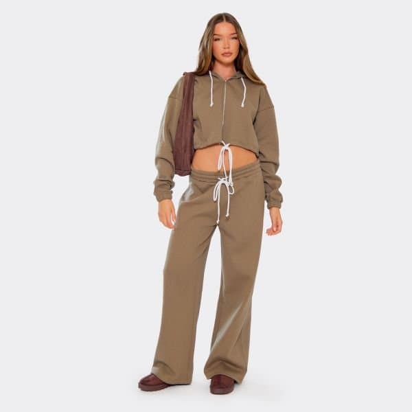 EGO EGO Contrast Drawstring Wide Leg Joggers in Khaki Green