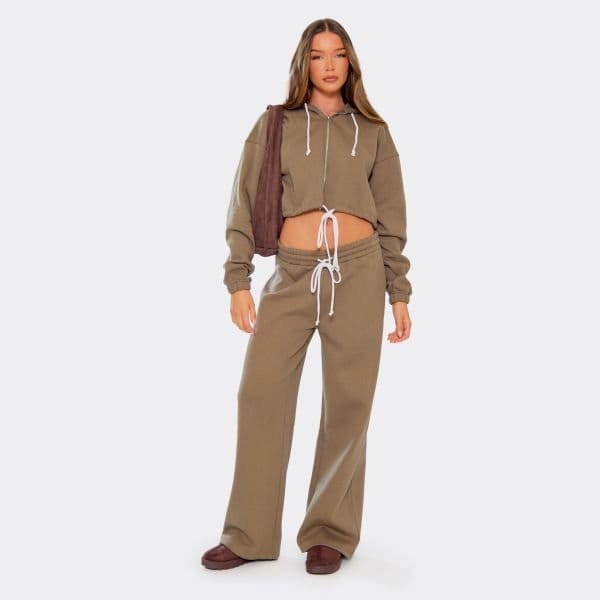 EGO Contrast Drawstring Wide Leg Joggers In Khaki Green, Women's Size UK 6 - 1