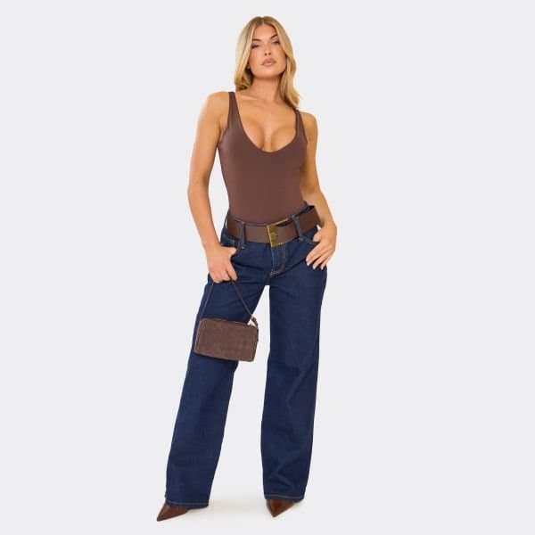 EGO Low Rise Belted Straight Leg Jeans In Indigo Blue Denim, Women's Size UK 6