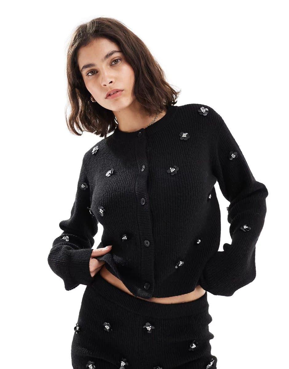 ASOS Miss Selfridge embellished knit cardigan co-ord in black