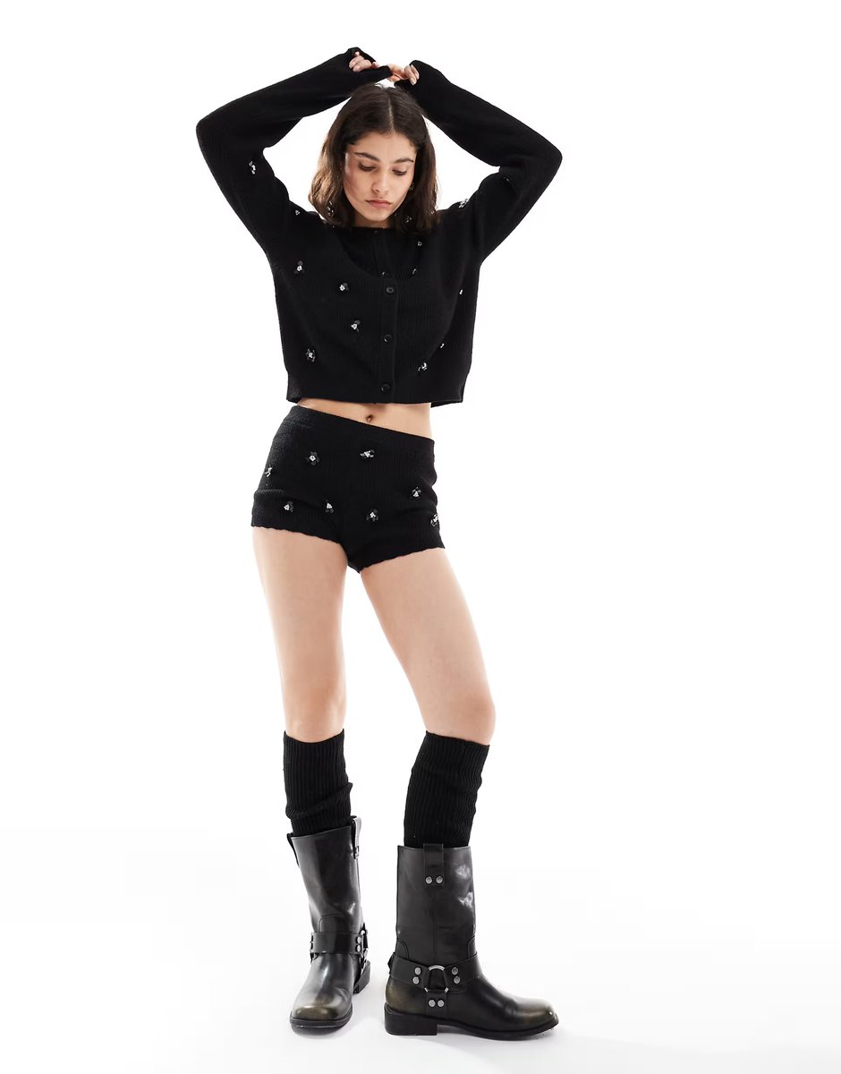 ASOS Miss Selfridge embellished knit cardigan co-ord in black - 2