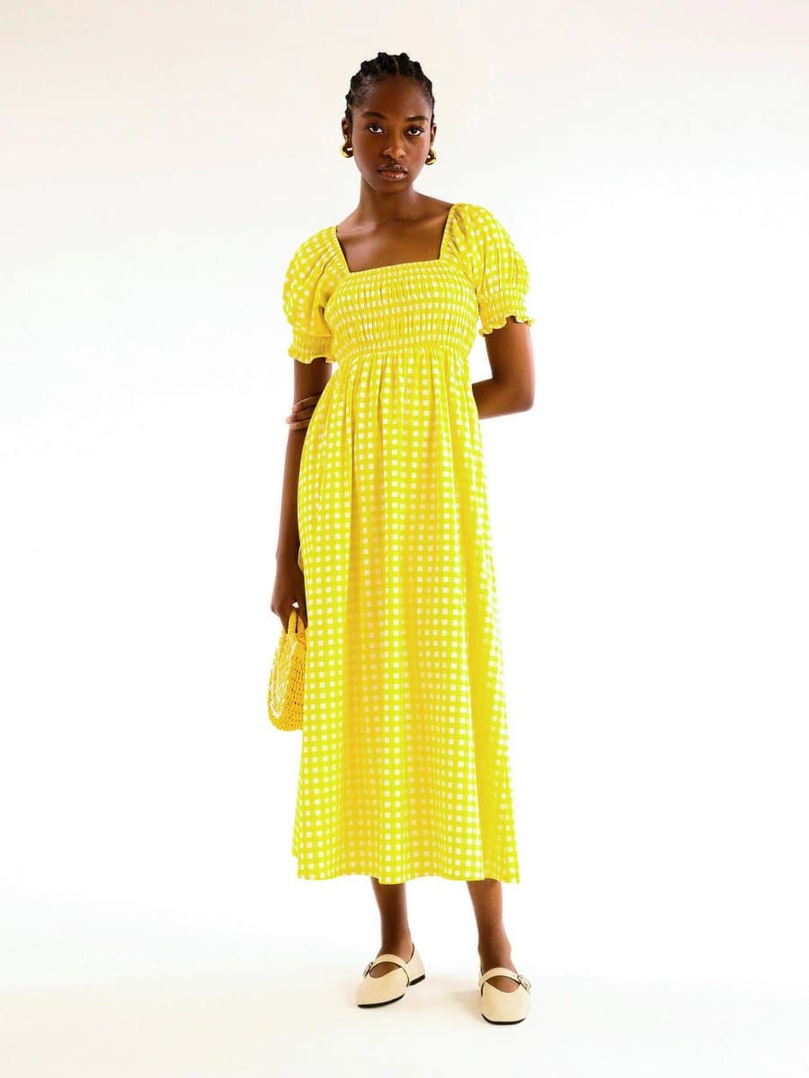 OMNES Megan Gingham Print Shirred Midi Dress in Yellow