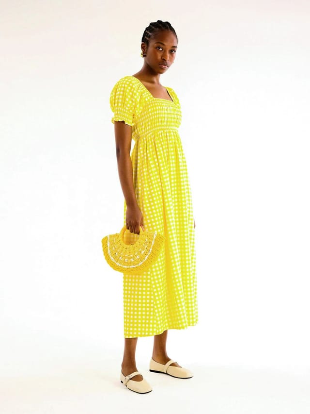OMNES Megan Gingham Print Shirred Midi Dress in Yellow - 2