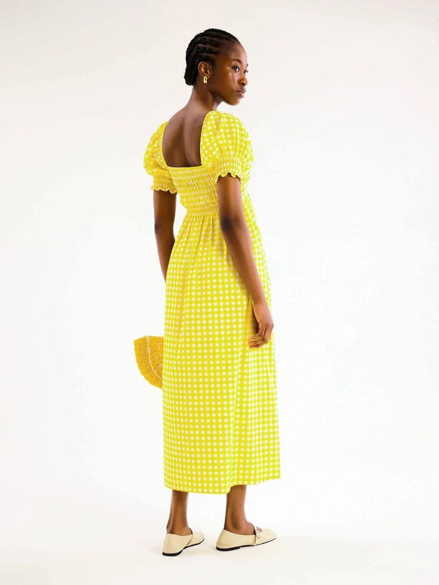 OMNES Megan Gingham Print Shirred Midi Dress in Yellow - 3