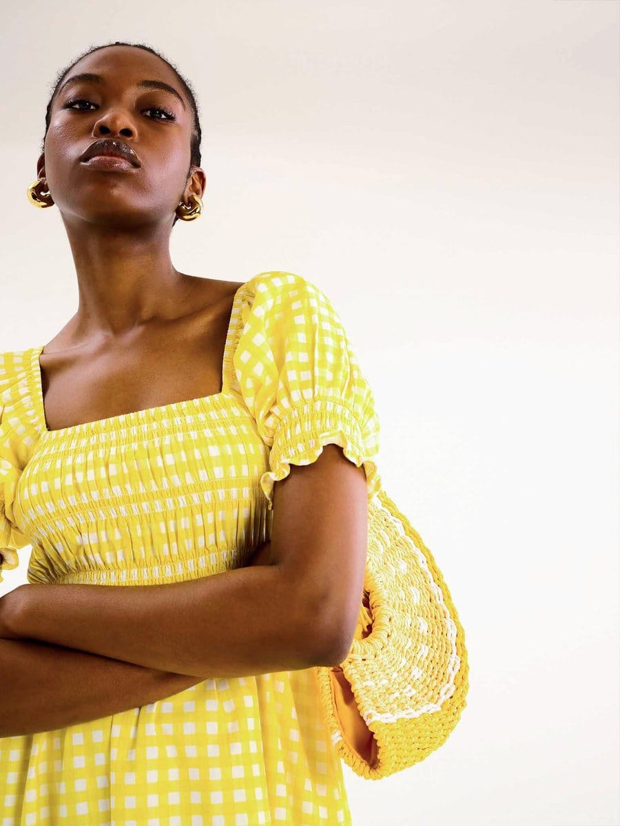 OMNES Megan Gingham Print Shirred Midi Dress in Yellow - 4