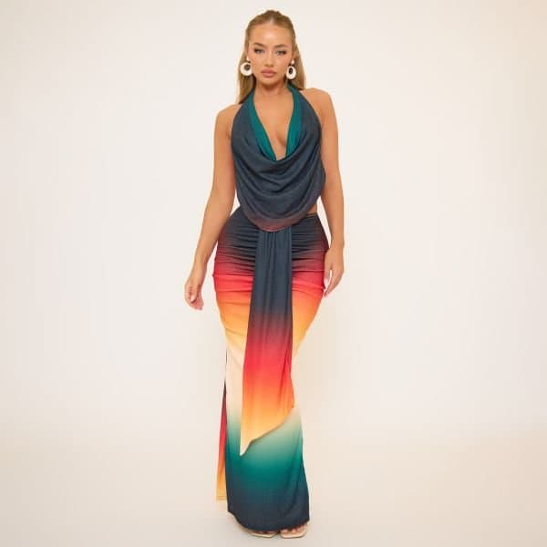 EGO Low Waist Drape Front Detail Maxi Skirt In Multi Print Mesh, Women's Size UK 4