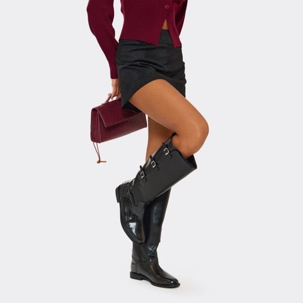 EGO Mona Buckle Detail Knee High Boot In Black Faux Leather, Women's Size UK 3