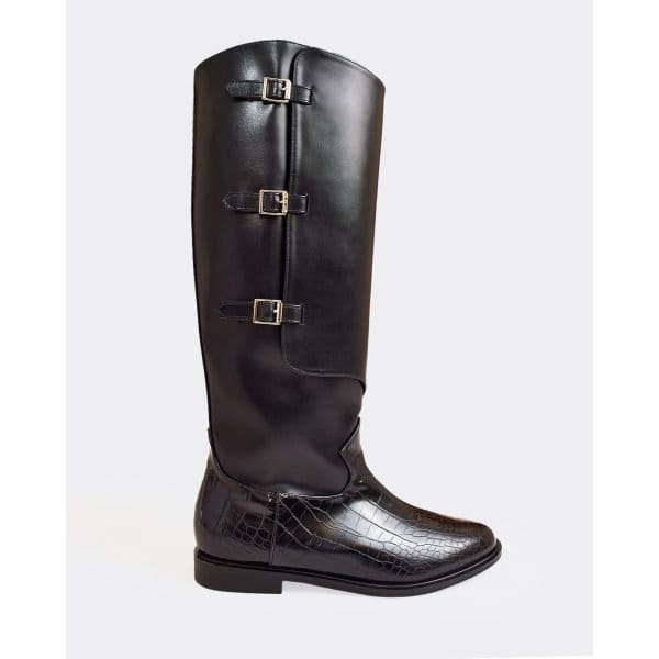 EGO Mona Buckle Detail Knee High Boot In Black Faux Leather, Women's Size UK 3 - 2