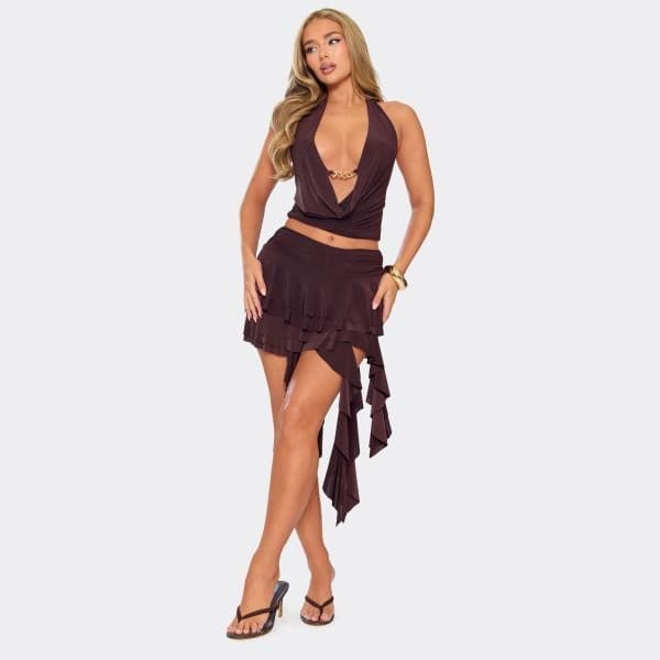 EGO Mid Waist Drape Frill Tiered Mini Skirt In Chocolate Brown, Women's Size UK 6 - 1