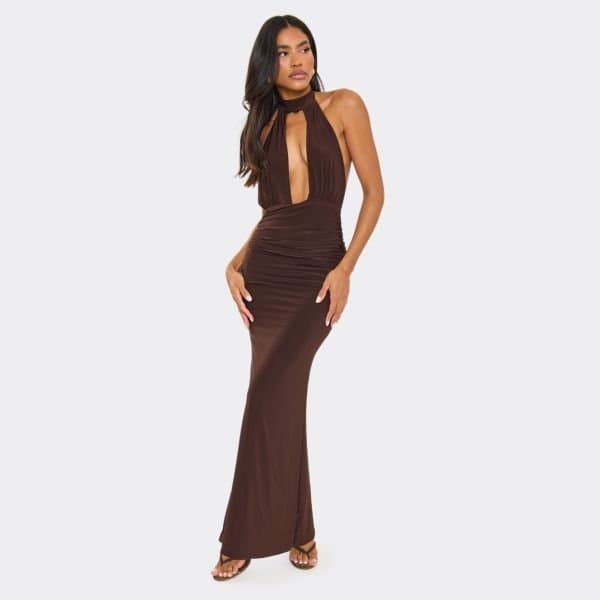 EGO High Neck Plunge Cut Out Front Detail Ruched Maxi Dress In Brown, Women's Size UK 6