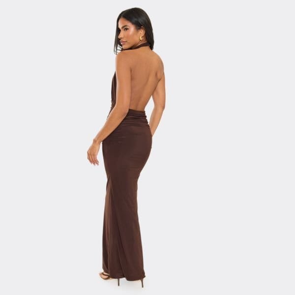 EGO High Neck Plunge Cut Out Front Detail Ruched Maxi Dress In Brown, Women's Size UK 6 - 2