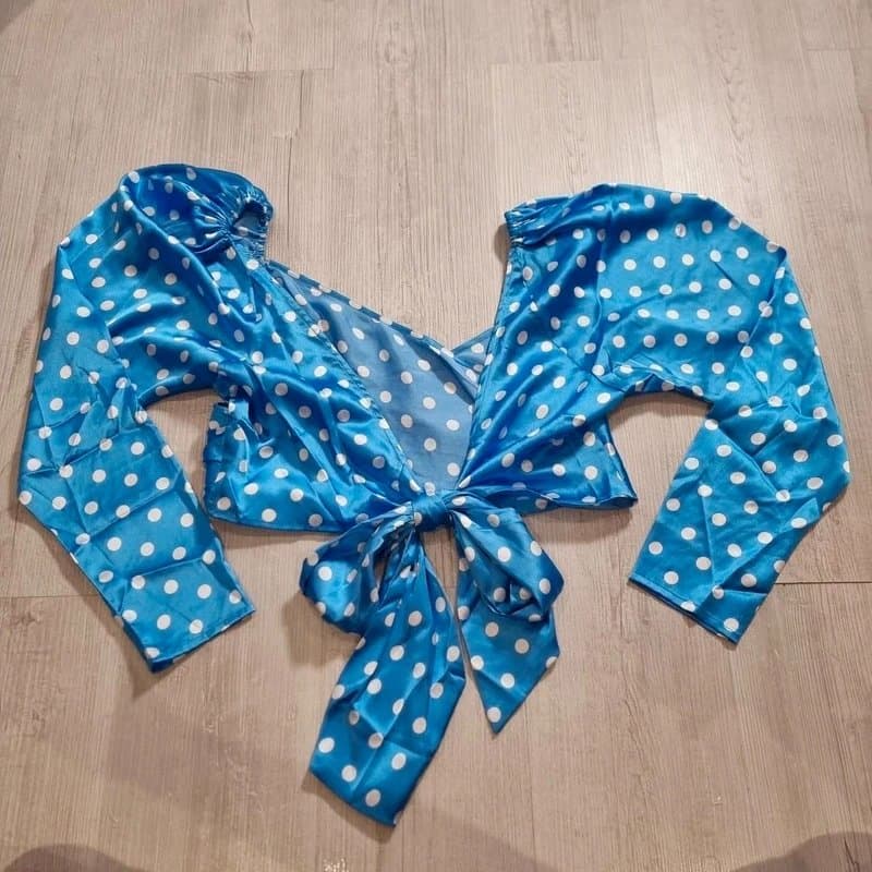 ASOS Asos Design Blue Polka Dots Satin Long Sleeve Crop Top