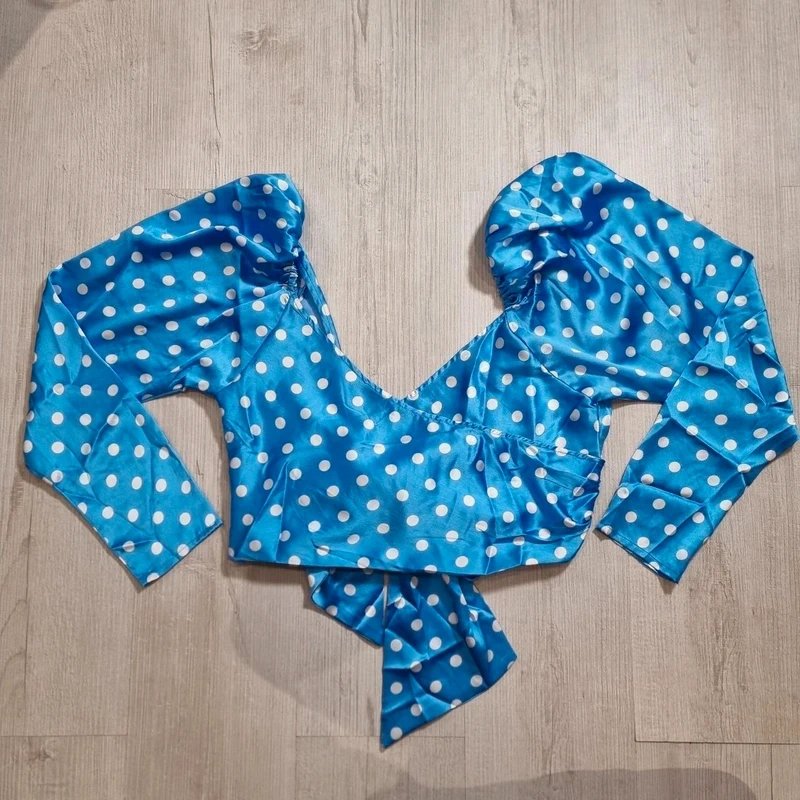 ASOS Asos Design Blue Polka Dots Satin Long Sleeve Crop Top - 4