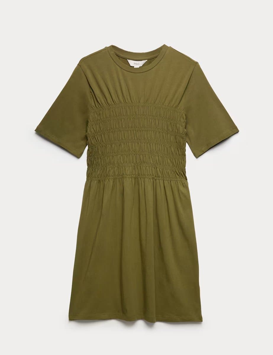 Marks & Spencer M&S Cotton Rich Shirred Mini T-Shirt Dress Olive