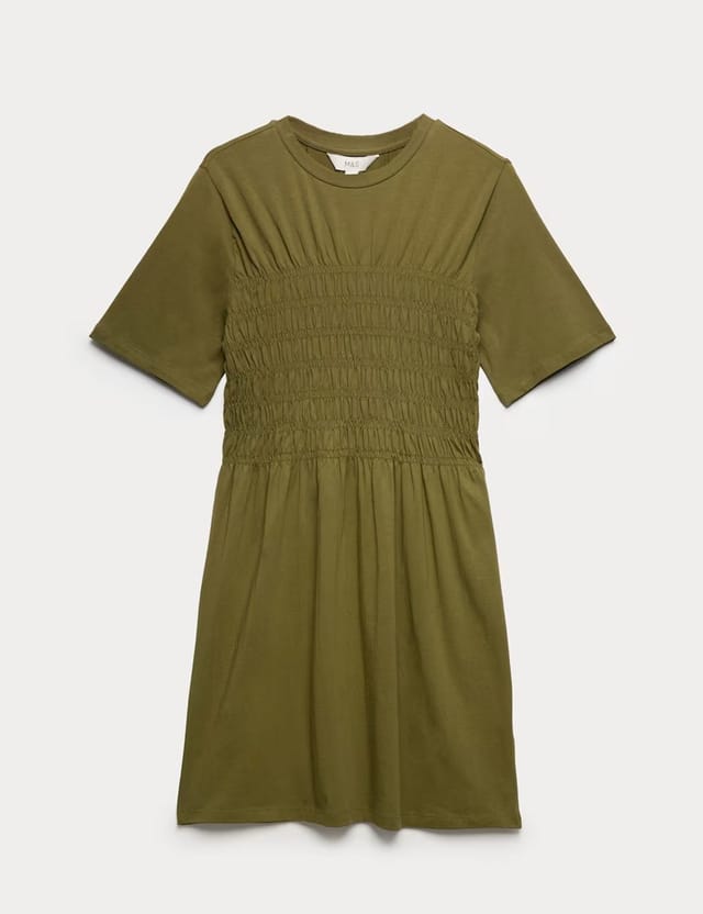 Marks & Spencer M&S Cotton Rich Shirred Mini T-Shirt Dress Olive - 2
