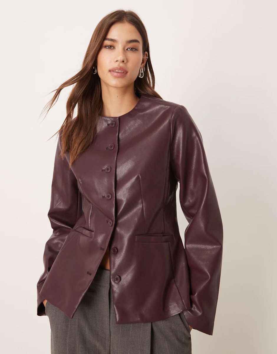 ASOS Gina Tricot shaped PU blazer top in burgundy - 1