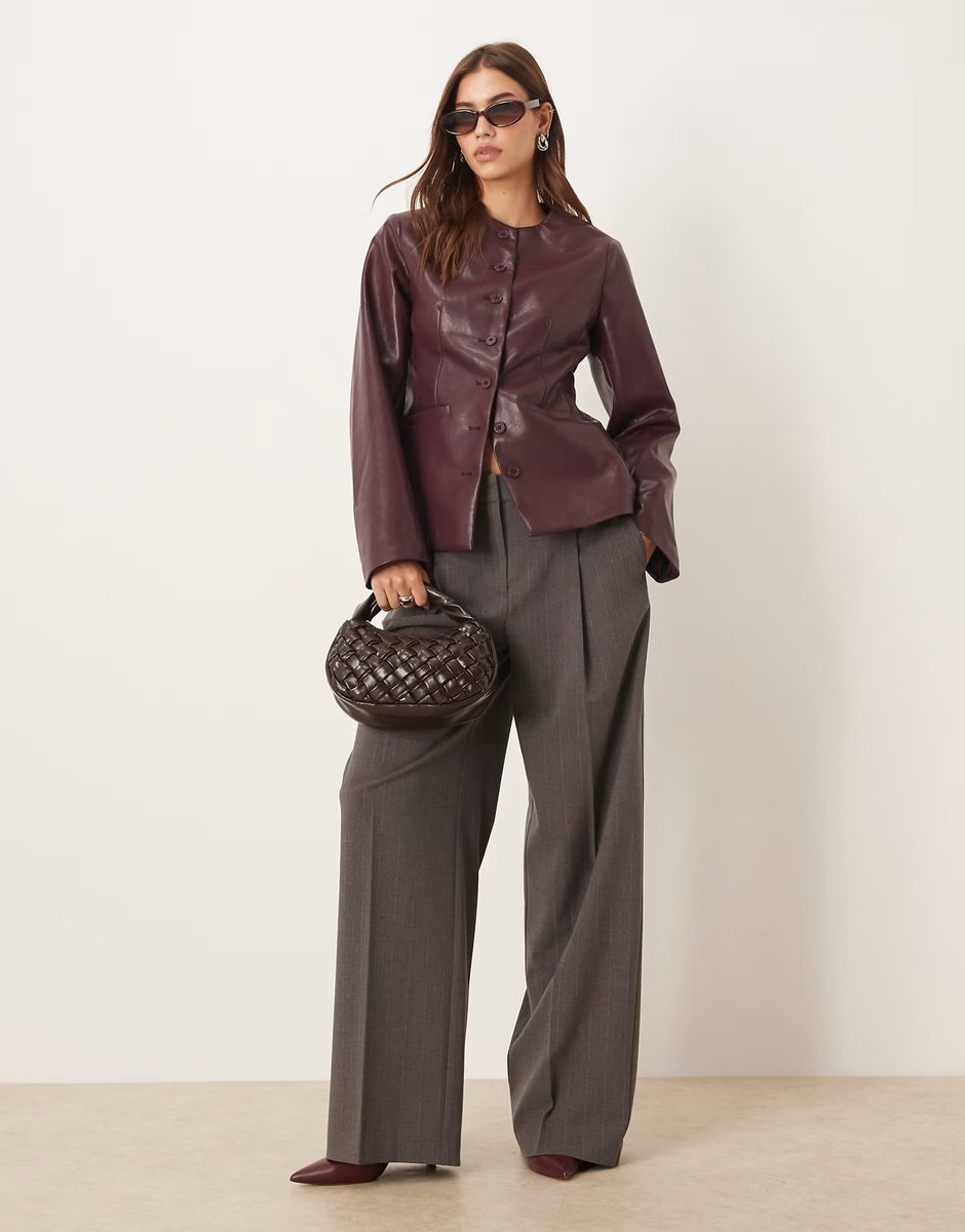 ASOS Gina Tricot shaped PU blazer top in burgundy - 3