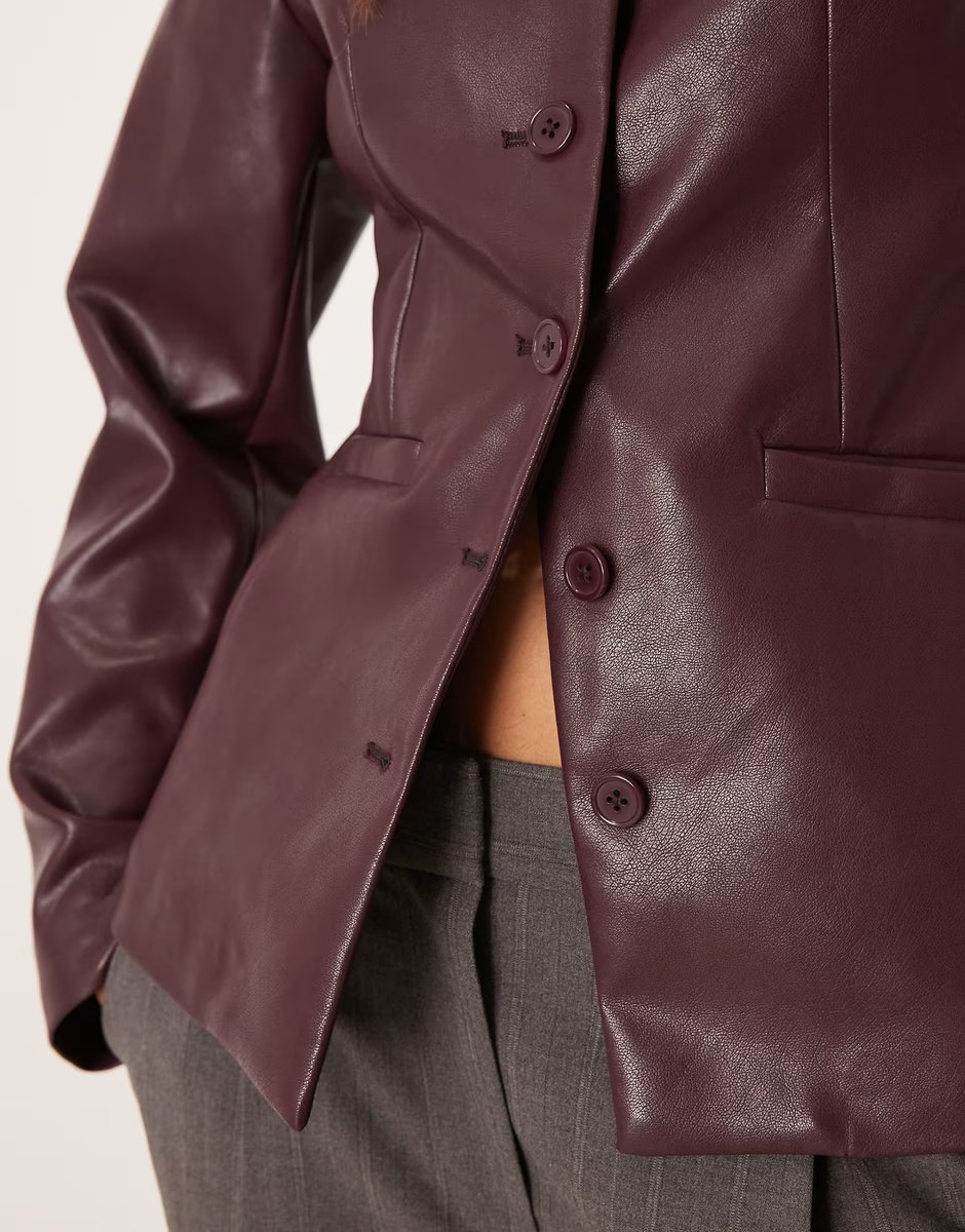ASOS Gina Tricot shaped PU blazer top in burgundy - 4