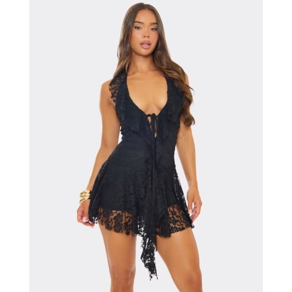 EGO Plunge Neck Tie Front Frill Trim Detail Mini Dress In Black Lace, Women's Size UK 4 - 2