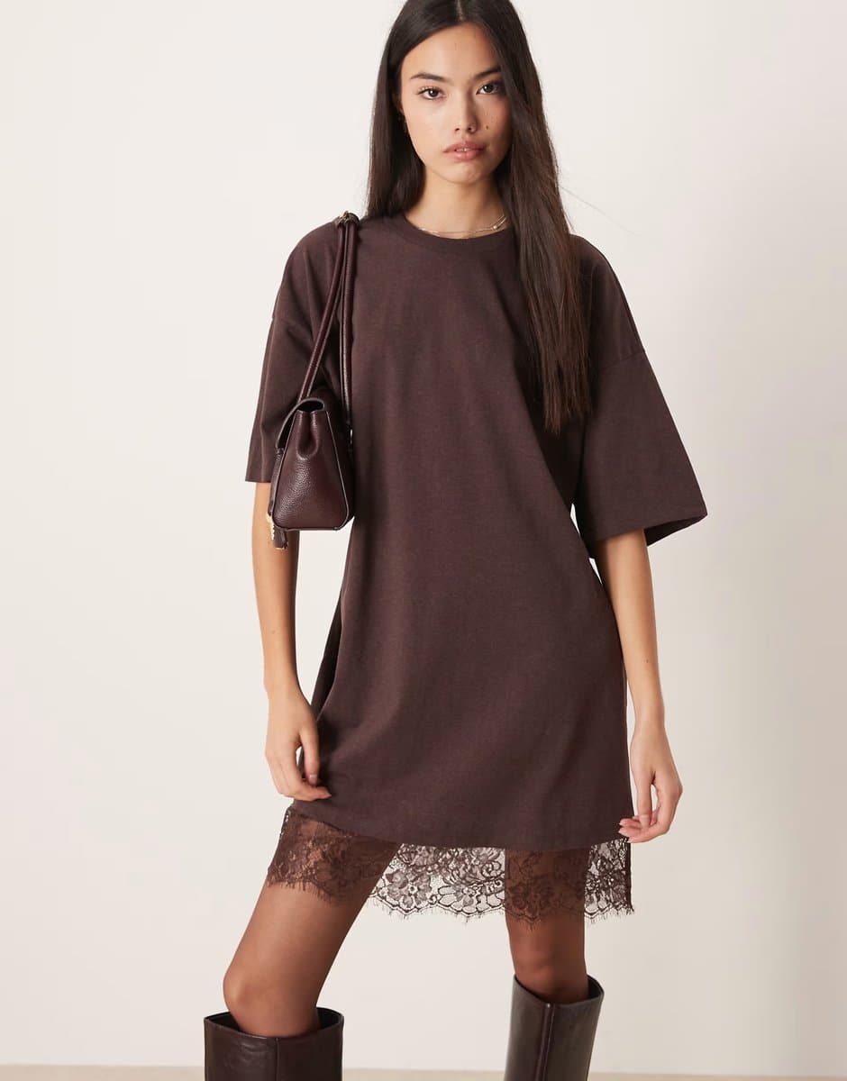 ASOS ASOS DESIGN oversized mini dress with lace hem trim in chocolate