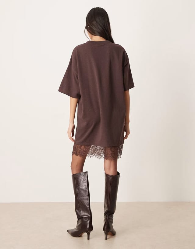 ASOS ASOS DESIGN oversized mini dress with lace hem trim in chocolate - 3