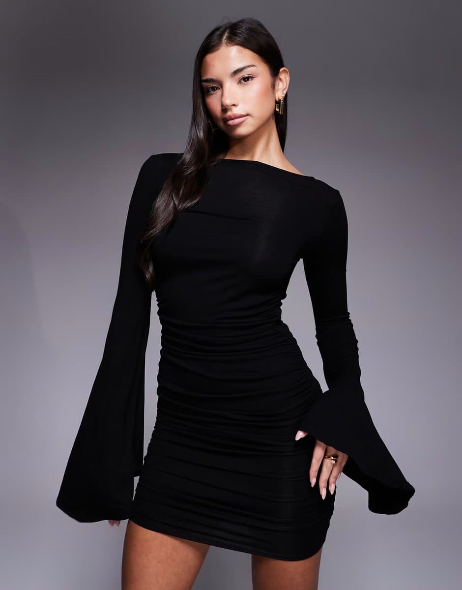 ASOS ASOS DESIGN sculpted waterfall sleeve ruched mini dress in black