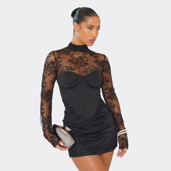 EGO High Neck Long Sleeve Lace Detail Corset Overlay Mini Dress In Black, Women's Size UK 8