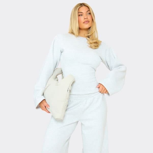 EGO Flared Sleeve Shoulder Pad Detail Cinched Sweatshirt In Light Grey Marl, Women's Size UK 6