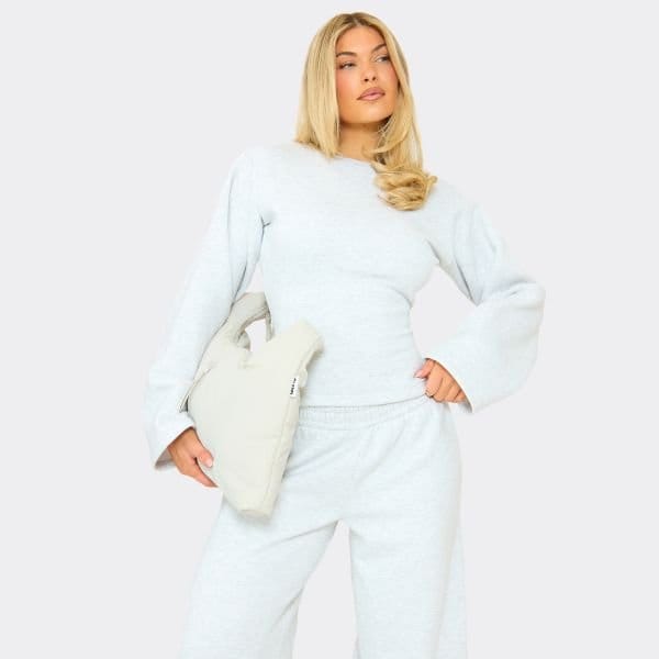 EGO Flared Sleeve Shoulder Pad Detail Cinched Sweatshirt In Light Grey Marl, Women's Size UK 6 - 1