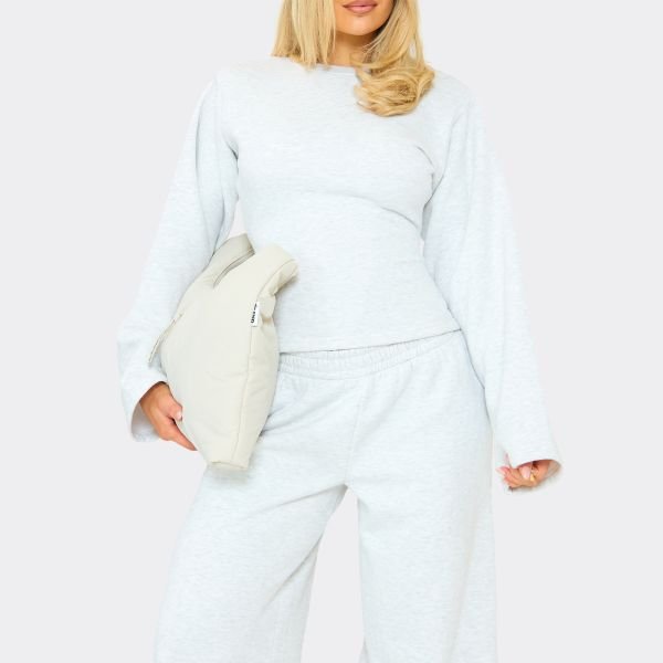 EGO Flared Sleeve Shoulder Pad Detail Cinched Sweatshirt In Light Grey Marl, Women's Size UK 6 - 2