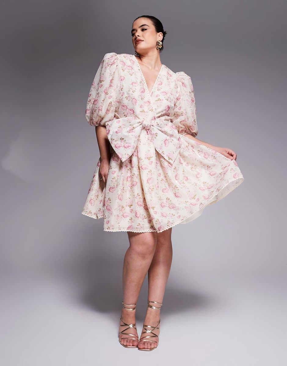 ASOS ASOS LUXE Curve jacquard puff sleeve mini dress with bow tie in floral print