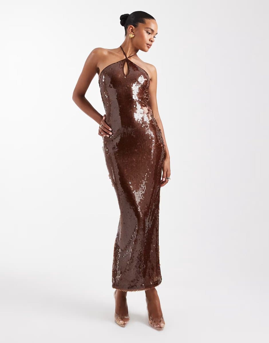ASOS The Frolic exclusive sequin cross front halterneck maxi dress in bronze
