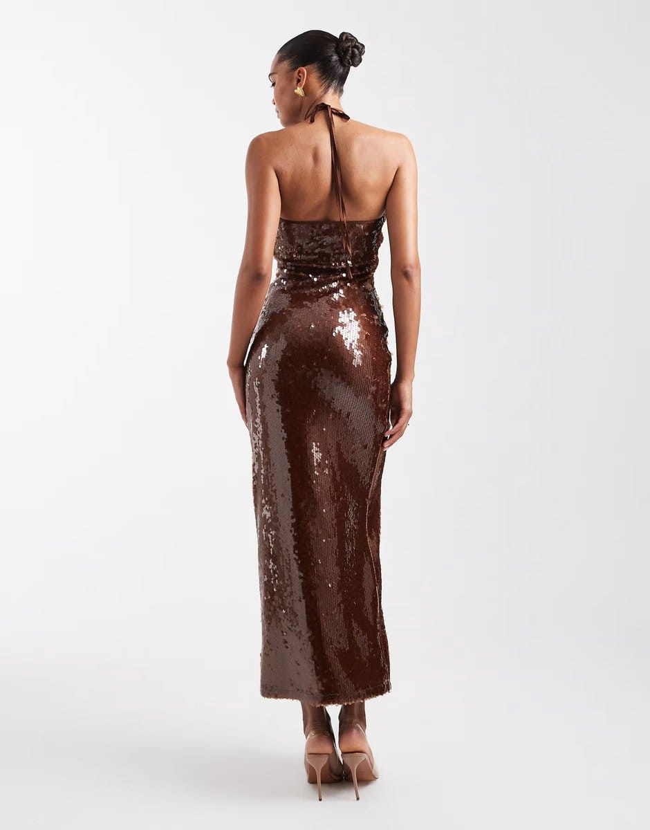ASOS The Frolic exclusive sequin cross front halterneck maxi dress in bronze - 4