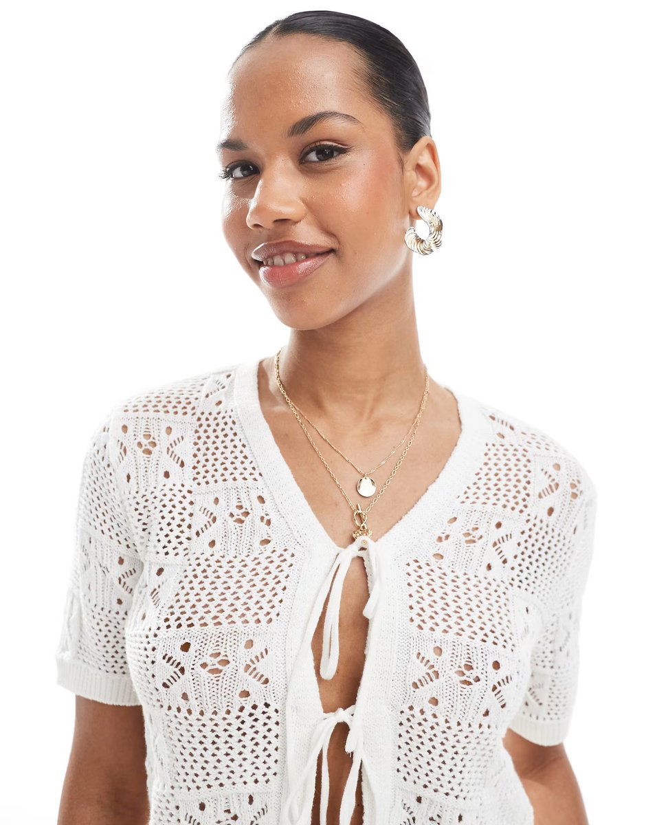 ASOS Pieces floral checkerboard crochet top with tie front detail in cream - 3