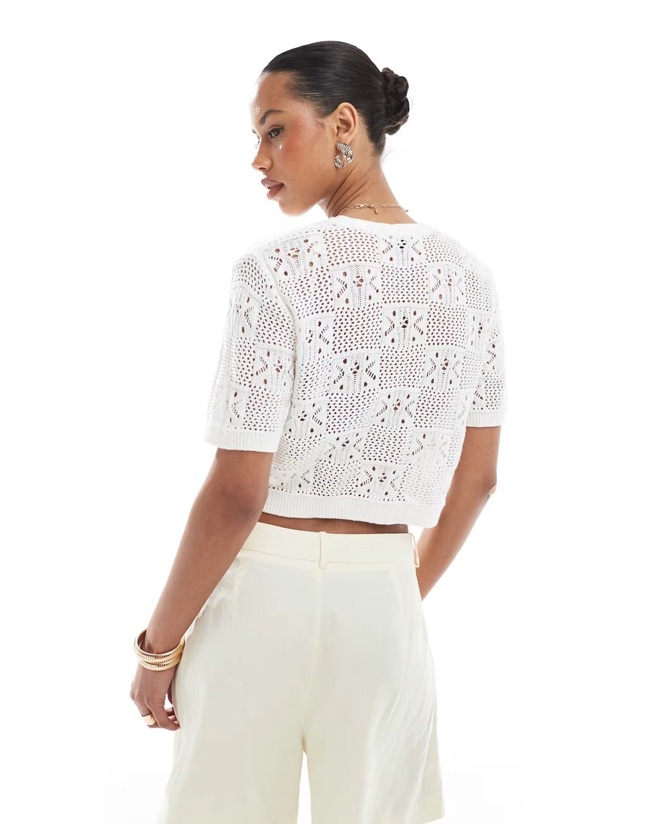 ASOS Pieces floral checkerboard crochet top with tie front detail in cream - 4