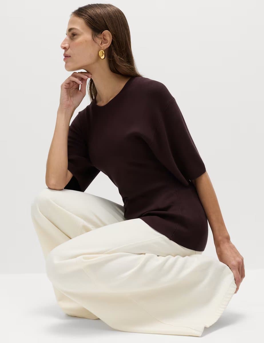 Marks & Spencer M&S Crew Neck Waisted Slim Fit Knitted Top Raisin