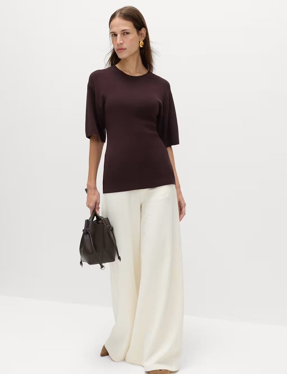 Marks & Spencer M&S Crew Neck Waisted Slim Fit Knitted Top Raisin - 4