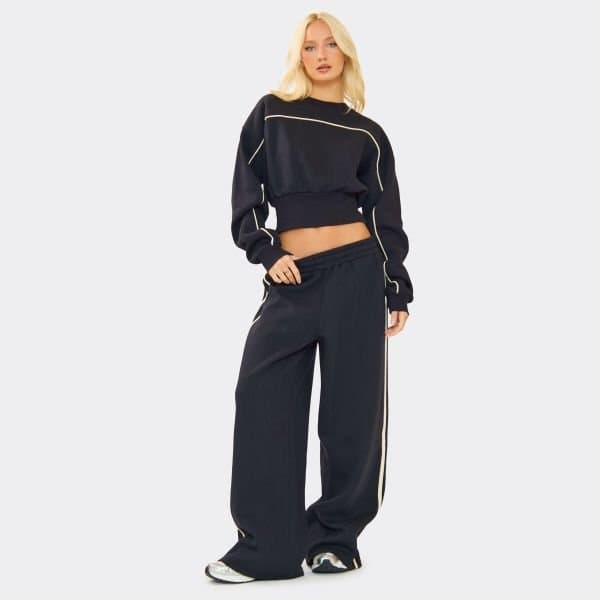 EGO Mid Rise Contrast Piping Detail Wide Leg Joggers In Dark Navy Blue, Women's Size UK 6