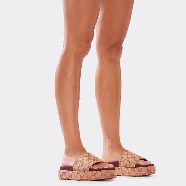 EGO Manic Burgundy Printed Detail Peep Toe Flatform Slider In Beige Fabric, Women's Size UK 3 - 2