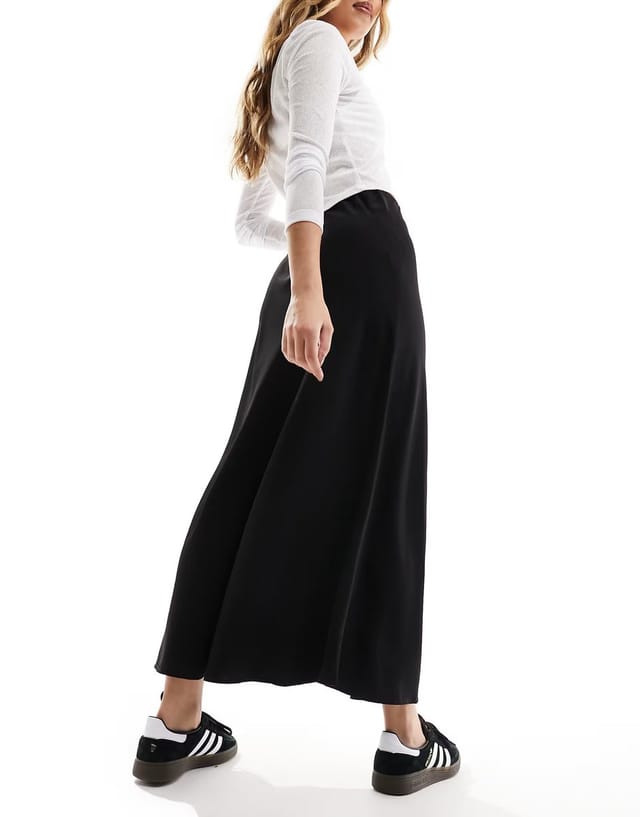 ASOS Pieces matte satin midi skirt in black - 3
