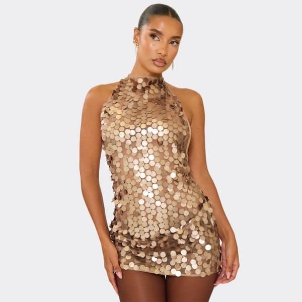 EGO Halterneck Low Back Detail Mini Dress In Bronze Sequin, Women's Size UK 8