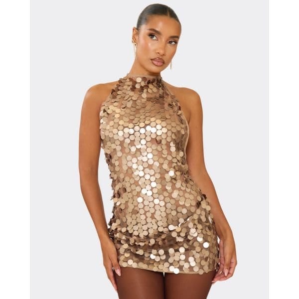 EGO Halterneck Low Back Detail Mini Dress In Bronze Sequin, Women's Size UK 8 - 2