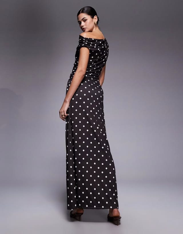 ASOS TFNC slinky asymmetric shoulder thigh split maxi dress in chocolate polka dot - 3