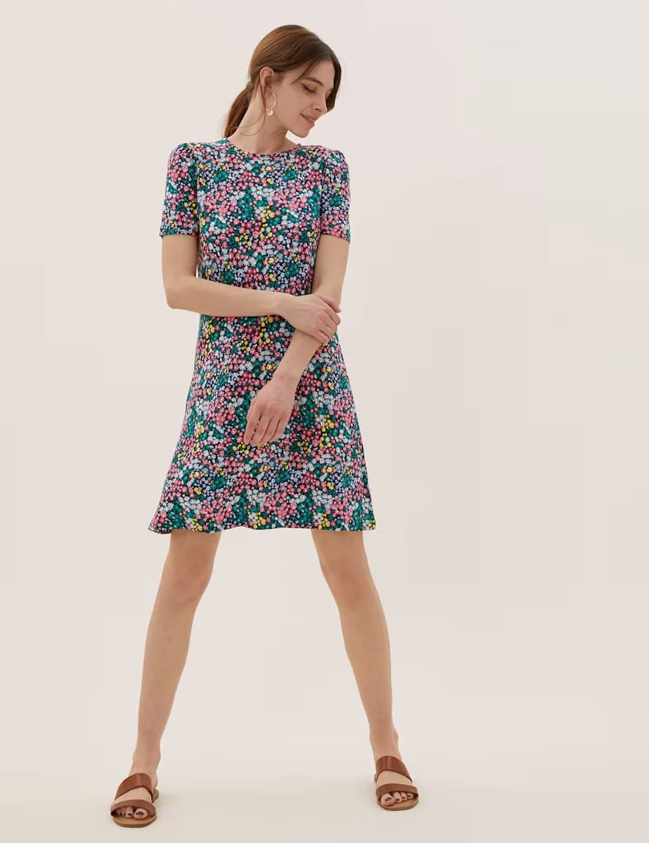 Marks & Spencer M&S Jersey Ditsy Floral Knee Length Swing Dress Multi