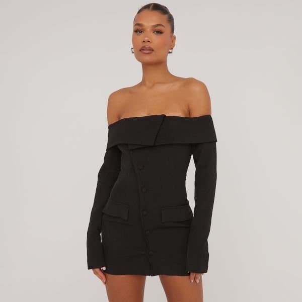 EGO Bardot Tailored Detail Blazer Dress In Black, Women's Size UK 10
