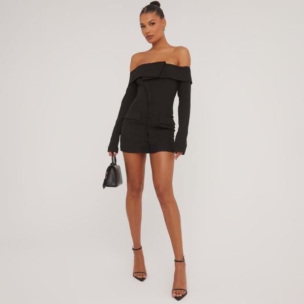 EGO Bardot Tailored Detail Blazer Dress In Black, Women's Size UK 10 - 2