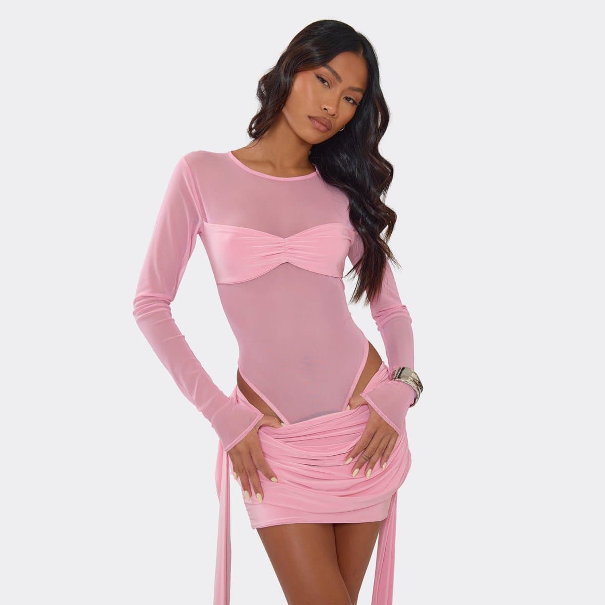 EGO Long Sleeve Slinky Bust Panel Bodysuit In Baby Pink Mesh, Women's Size UK 6
